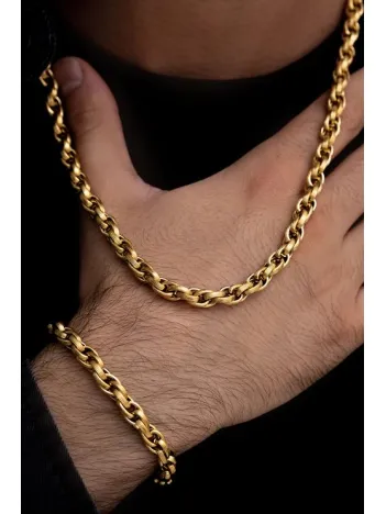 Erkek Çelik Bileklik Kolye Set -22 Ayar Gerçek Altın Kaplama Sarmal Model Çelik Set