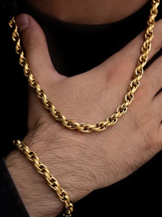 Erkek Çelik Bileklik Kolye Set -22 Ayar Gerçek Altın Kaplama Sarmal Model Çelik Set