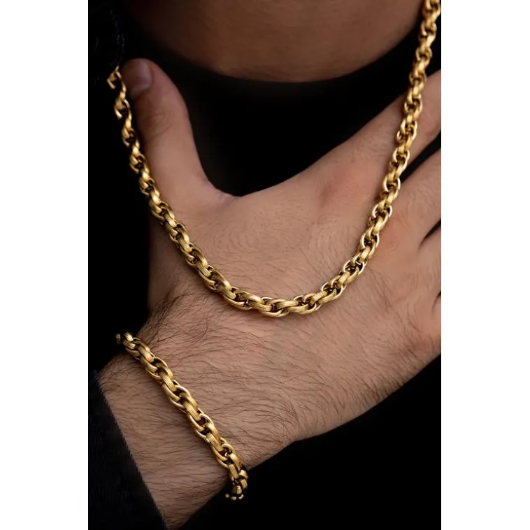 Erkek Çelik Bileklik Kolye Set -22 Ayar Gerçek Altın Kaplama Sarmal Model Çelik Set Erkek Çelik Bileklik Kolye Set -22 Ayar Gerçek Altın Kaplama Sarmal Model Çelik Set