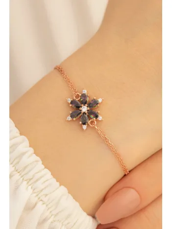 Kadın Gümüş Bileklik - Mistik Topaz Taşlı Çiçek Model Rose Kadın Gümüş Bileklik