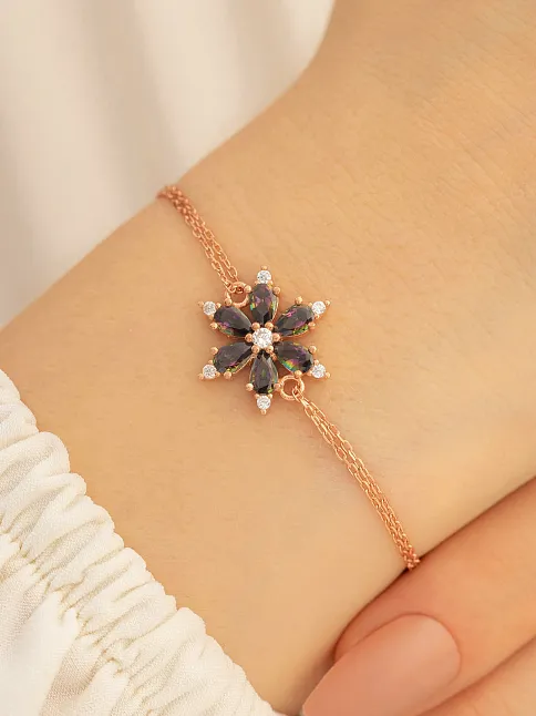Kadın Gümüş Bileklik - Mistik Topaz Taşlı Çiçek Model Rose Kadın Gümüş Bileklik