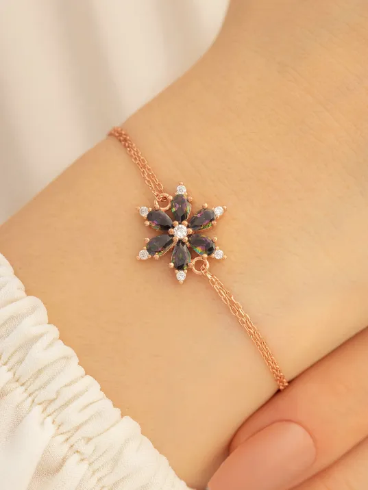 Kadın Gümüş Bileklik - Mistik Topaz Taşlı Çiçek Model Rose Kadın Gümüş Bileklik