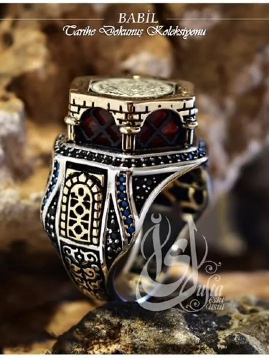 İslam Usta Tasarımı Babil Temalı Gümüş Erkek Yüzük