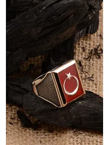 Ay Yıldız Bayrak Motif Yanı Nokta Desen 925 Ayar Gümüş Erkek Yüzük GYZAYYLDIZY-GMS