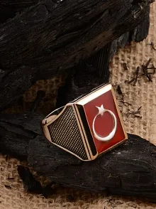 Ay Yıldız Bayrak Motif Yanı Nokta Desen 925 Ayar Gümüş Erkek Yüzük GYZAYYLDIZY-GMS