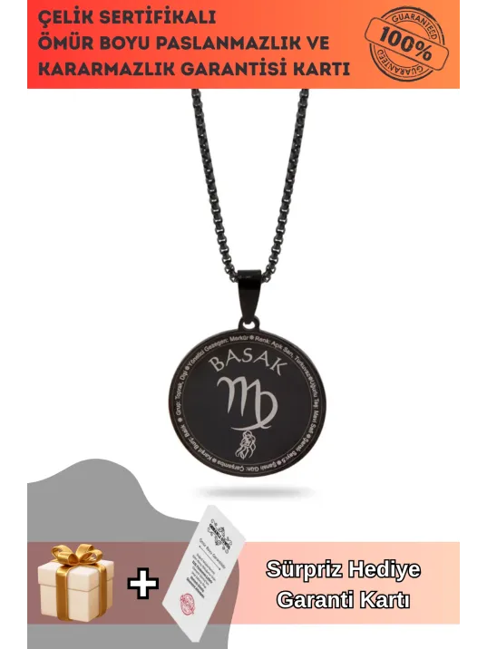 Başak Burcu Kolyesi Çelik Kolye Siyah Polo Zincir Cklbasakbr1-syh