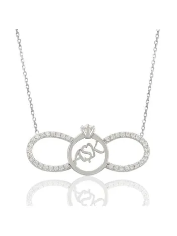 Aşk Yazılı Sonsuzluk Ve Tektaşlı Beyaz Bayan Gümüş Kolye