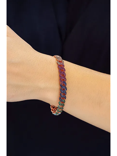 Kadın Gümüş Bileklik - Rose Kaplama Renkli Zirkon Taşlı Gurmet Zincir Model Kadın Bileklik