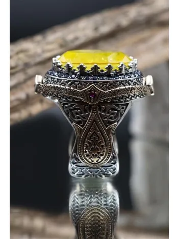 Sarı Paraiba Taşlı Lale Desenli Erkek Gümüş Yüzük GYZYZKEND10-SRI