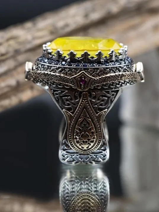 Sarı Paraiba Taşlı Lale Desenli Erkek Gümüş Yüzük GYZYZKEND10-SRI