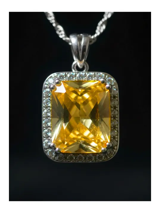 Kadın Gümüş Kolye - Kare Model Sarı Şampanya Zirkon Taşlı Kadın Gümüş Kolye