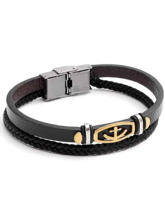 Erkek Deri Bileklik - Çapa Motifli Altın Kaplama Çift Sıra Deri Bileklik