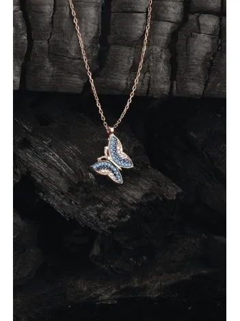 Auqamarin Ve Lacivert Renk Kelebek Model 925 Ayar Gümüş Kolye GKLKLBKLCVT-ALT