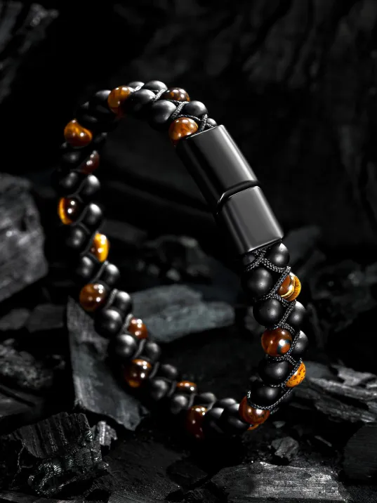 Erkek Doğal Taş Bileklik - Kaplan Gözü ve Oniks Doğal Taş Erkek Bileklik