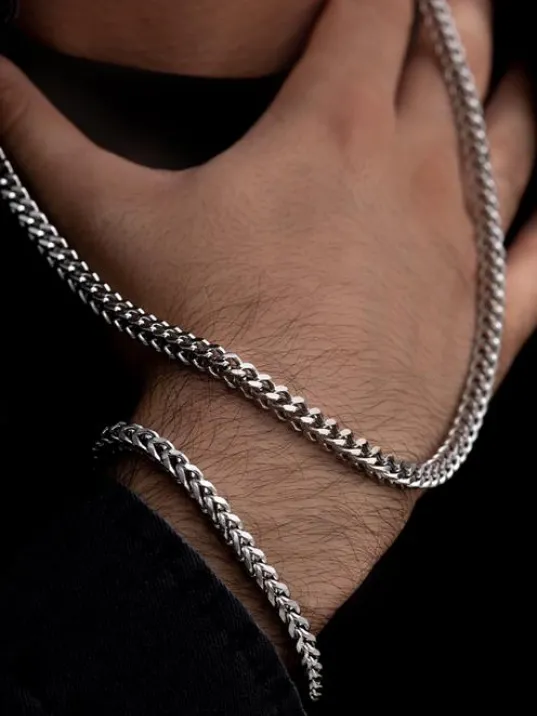 Erkek Çelik Bileklik Kolye Set - Kare Kesim Model Çelik Set