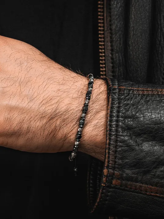 Siyah Hematit Taşlı Gümüş Detaylı Ayarlanabilir Erkek İp Bileklik - Model 6