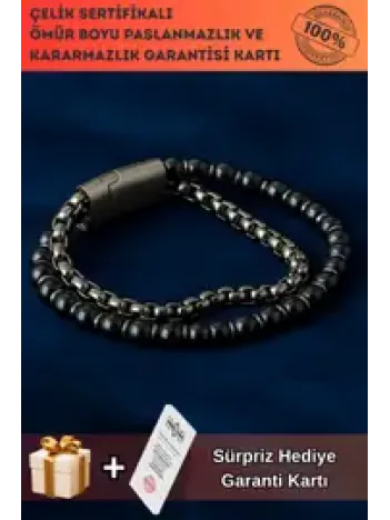 Erkek Çelik ve Oniks Taşlı Bileklik - Çift Sıra Kral Zincir Model