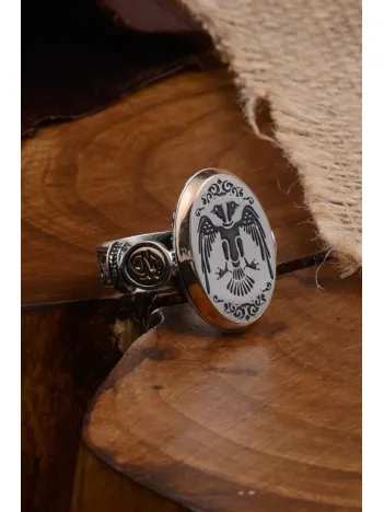 Çift Başlı Selçuklu Kartalı Oval Model Yanında Hiç Yazılı Erkek Gümüş Yüzük