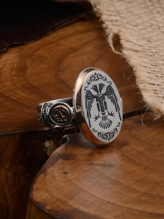 Çift Başlı Selçuklu Kartalı Oval Model Yanında Hiç Yazılı Erkek Gümüş Yüzük