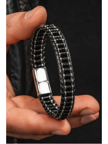 Erkek Kadın Siyah Hematit Taşı Deri Kordon Doğal Taş Bileklik
