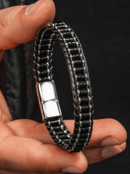 Erkek Kadın Siyah Hematit Taşı Deri Kordon Doğal Taş Bileklik