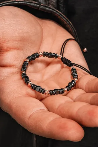 Kadın Erkek Gümüş Bileklik - Hematit Taşlı Gümüş Detaylı İnce Kibar Erkek Kadın Bileklik