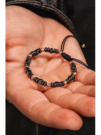 Kadın Erkek Gümüş Bileklik - Hematit Taşlı Gümüş Detaylı İnce Kibar Erkek Kadın Bileklik