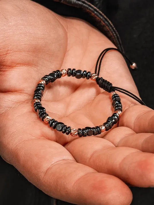 Kadın Erkek Gümüş Bileklik - Hematit Taşlı Gümüş Detaylı İnce Kibar Erkek Kadın Bileklik