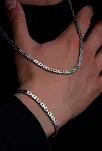 Erkek Gümüş Kolye Bileklik Set - 4.5mm Dikdörtgen Kesim Yassı Kral Gümüş Kolye Bileklik Set