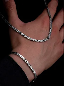 Erkek Gümüş Kolye Bileklik Set - 4.5mm Dikdörtgen Kesim Yassı Kral Gümüş Kolye Bileklik Set