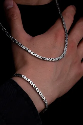 Erkek Gümüş Kolye Bileklik Set - 4.5mm Dikdörtgen Kesim Yassı Kral Gümüş Kolye Bileklik Set