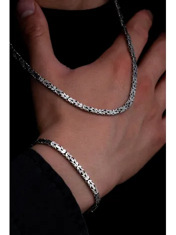 Erkek Gümüş Kolye Bileklik Set - 4.5mm Dikdörtgen Kesim Yassı Kral Gümüş Kolye Bileklik Set