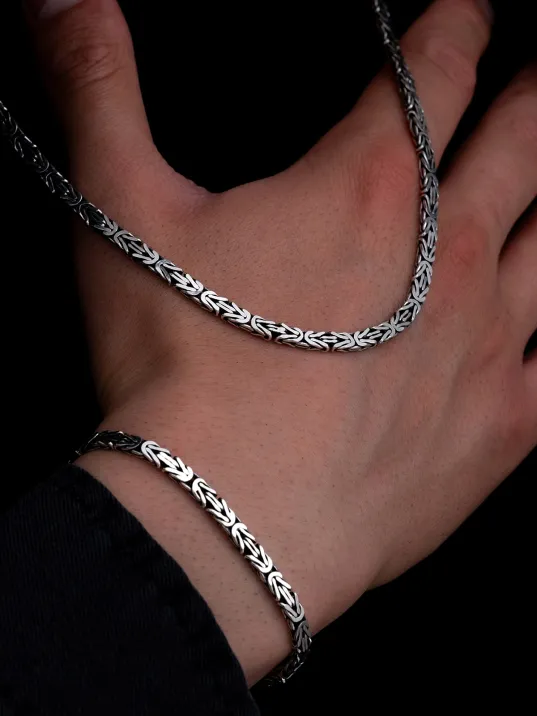 Erkek Gümüş Kolye Bileklik Set - 4.5mm Dikdörtgen Kesim Yassı Kral Gümüş Kolye Bileklik Set