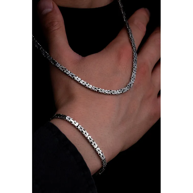 Erkek Gümüş Kolye Bileklik Set - 4.5mm Dikdörtgen Kesim Yassı Kral Gümüş Kolye Bileklik Set Erkek Gümüş Kolye Bileklik Set - 4.5mm Dikdörtgen Kesim Yassı Kral Gümüş Kolye Bileklik Set