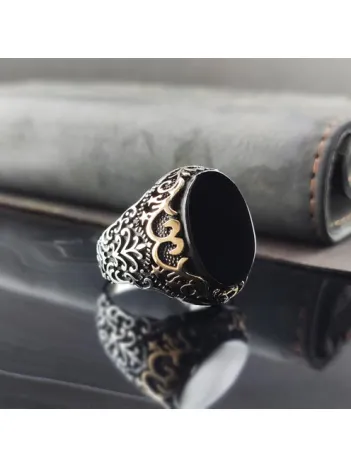 Dalga Desen Siyah Oniks Taşlı Erkek Gümüş Yüzük  GYZGMSPGUMU