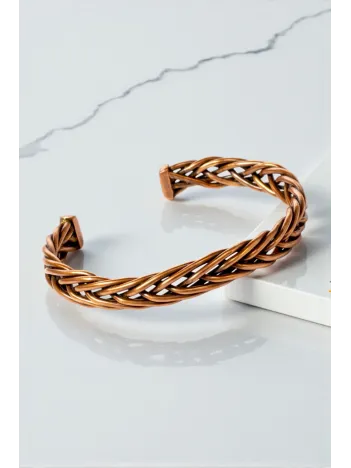 Erkek Kadın Bakır Bileklik - Örgü Model 3 Kelepçe Bileklik Bilezik Metal Kutu Ve Doğal Taş