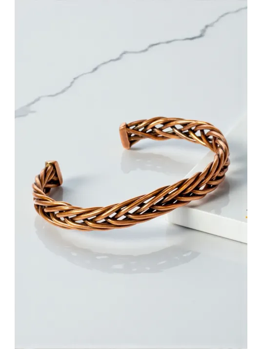 Erkek Kadın Bakır Bileklik - Örgü Model 3 Kelepçe Bileklik Bilezik Metal Kutu Ve Doğal Taş