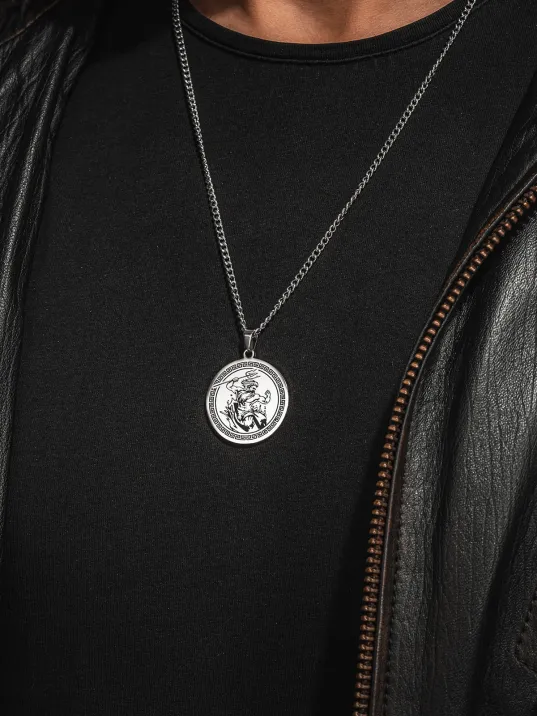 Steel Aether Çelik Erkek Kolye Yunan Tanrısı İşlemeli Yuvarlak Plaka Paslanmaz Kararmaz