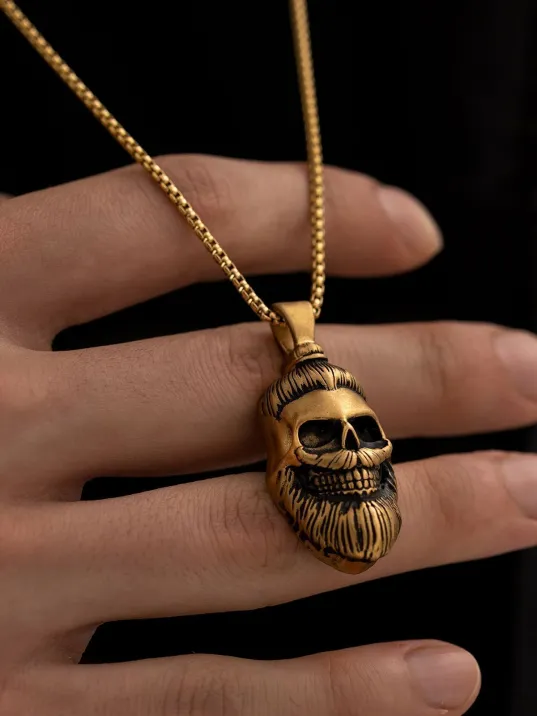 Erkek Çelik Kolye - Altın Kaplama Sakallı KuruKafa Model Çelik Kolye