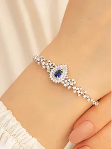 Kadın Gümüş Bileklik - 925 Ayar Gümüş Zirkon Ve Safir Taşlı Çise Model Kadın Bileklik