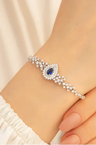 Kadın Gümüş Bileklik - 925 Ayar Gümüş Zirkon Ve Safir Taşlı Çise Model Kadın Bileklik
