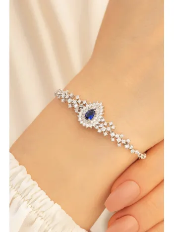 Kadın Gümüş Bileklik - 925 Ayar Gümüş Zirkon Ve Safir Taşlı Çise Model Kadın Bileklik