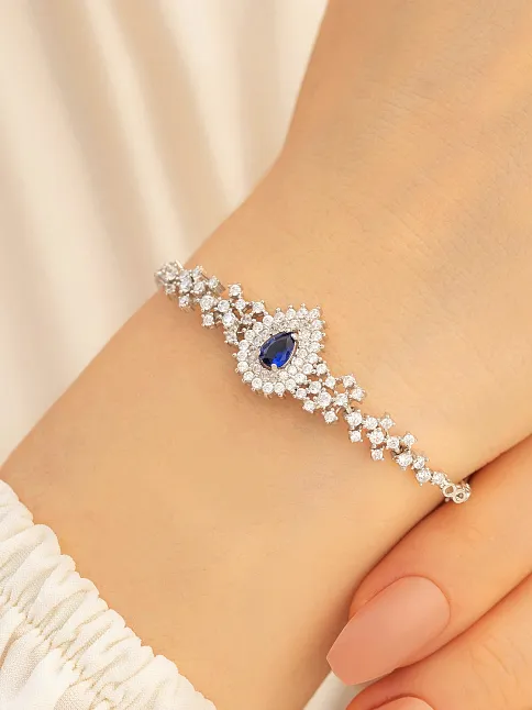 Kadın Gümüş Bileklik - 925 Ayar Gümüş Zirkon Ve Safir Taşlı Çise Model Kadın Bileklik