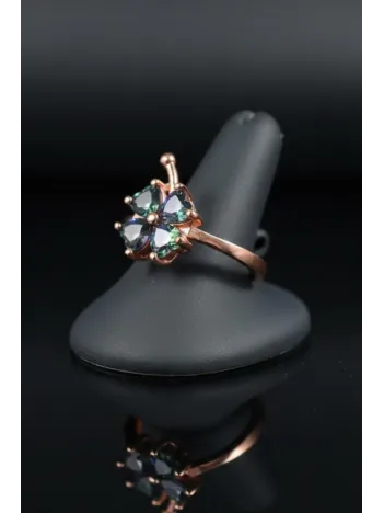 Kadın Gümüş Yüzük - Rose Kaplama Çok Renkli Yonca Model Gümüş Yüzük