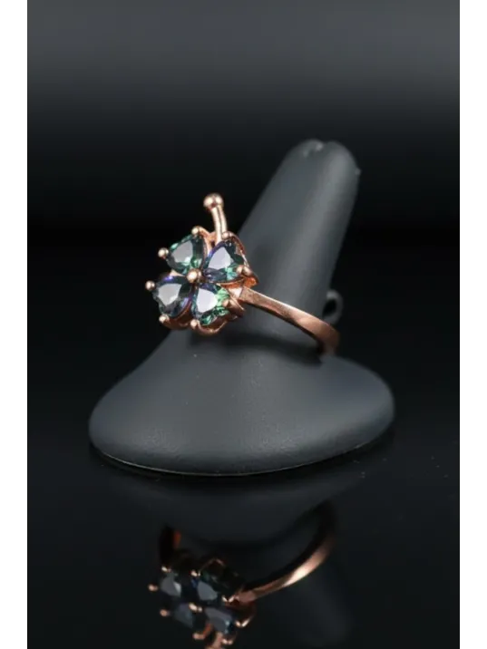 Kadın Gümüş Yüzük - Rose Kaplama Çok Renkli Yonca Model Gümüş Yüzük