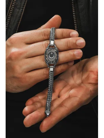 Erkek Gümüş Bileklik - Ay Yıldız Desenli Tilki Kuyruğu Zincirli 925 Ayar Erkek Bileklik