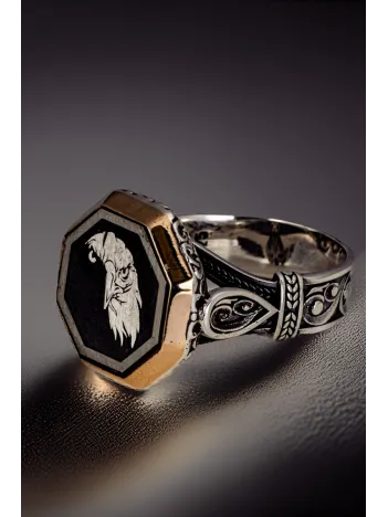 Erkek Oval İnce Kibar Model Kartal Kafası İşlemeli 925 Ayar Gümüş Yüzük