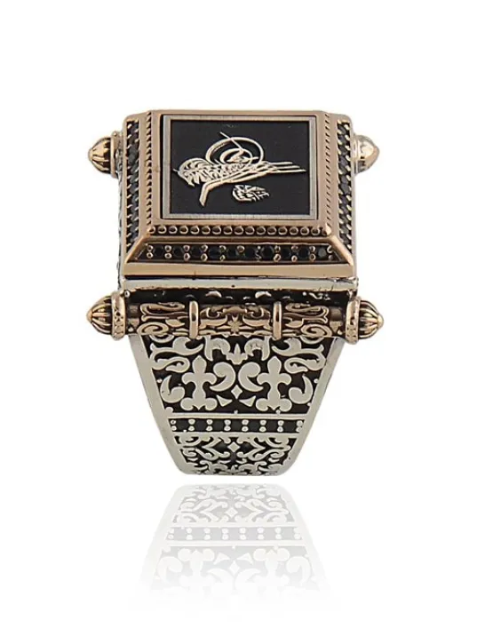 Osmanlı Tuğralı Yanı İşlemeli 925 Ayar Erkek Gümüş Yüzük GYZOSMNTGRA-GMS