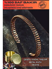 Saf Bakır Bileklik Burgu Örgü Sarım Model Metal Kutu Doğal Taşlar Kadın Erkek Bilezik