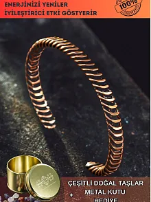 Saf Bakır Bileklik Burgu Örgü Sarım Model Metal Kutu Doğal Taşlar Kadın Erkek Bilezik